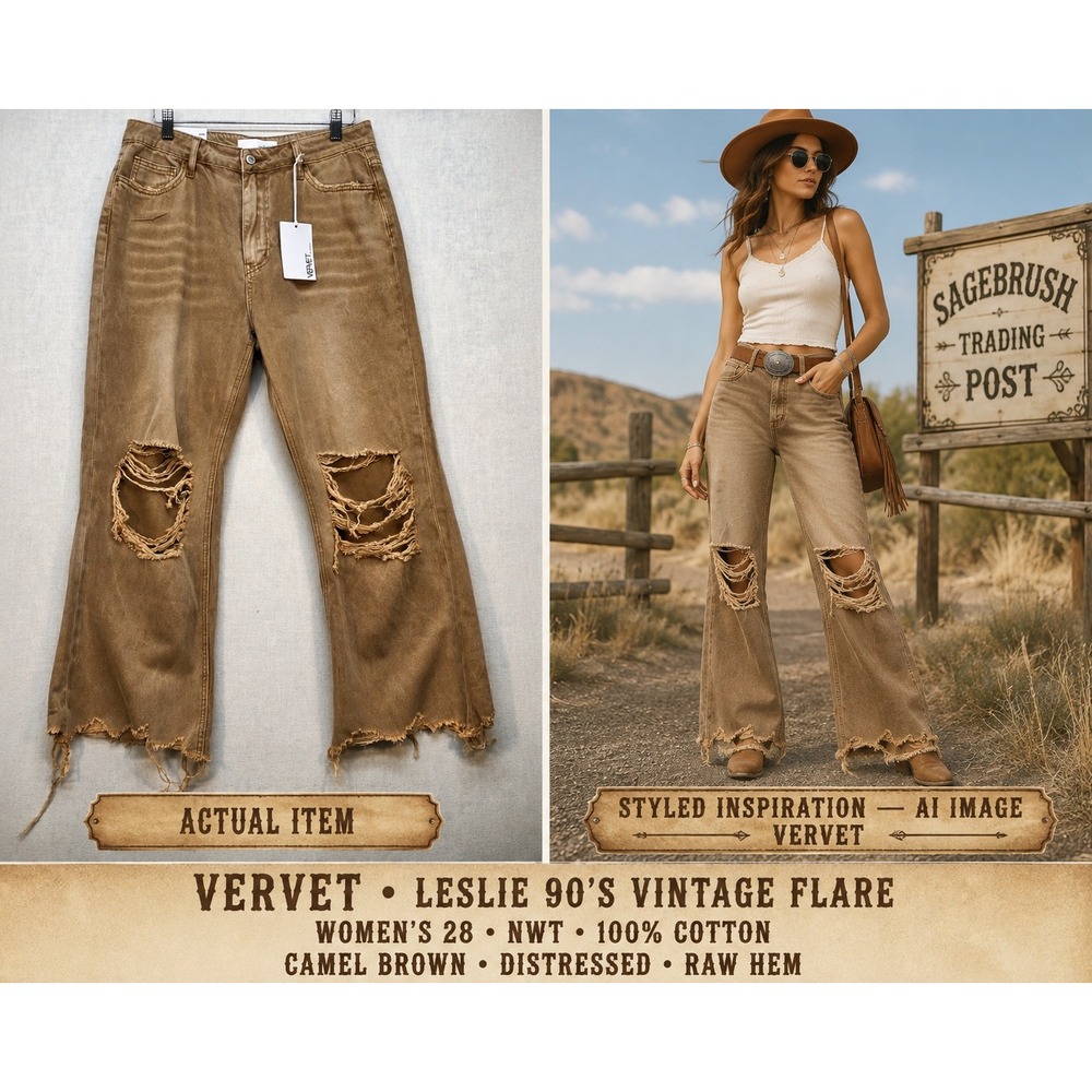 NWT Vervet Leslie 90s Vintage Crop Flare Jeans Shredded Tan Brown High Rise Sz28